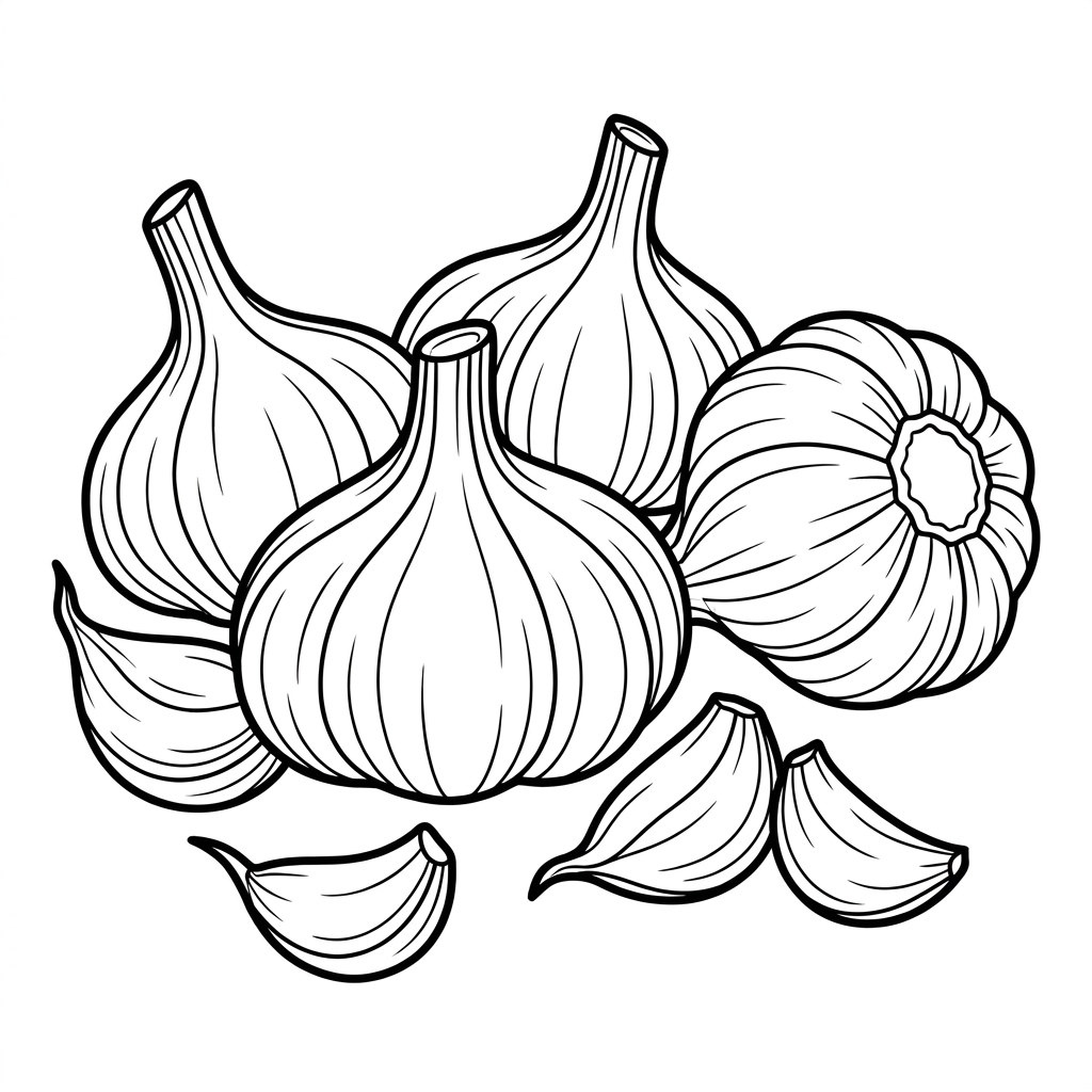 Czarno-biała kolorowanka czosnek do druku, bez tła, tylko kontury. Idealna dla dzieci i dorosłych.