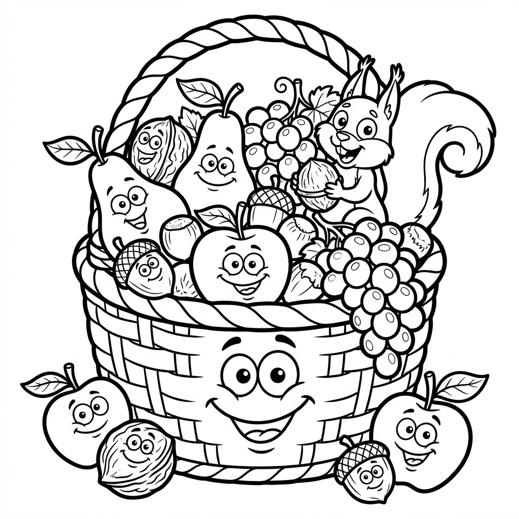 Kosz pełen jesiennych zbiorów: jabłek, gruszek, winogron i orzechów, kolorowanka dla dzieci, czarne kontury, białe tło.