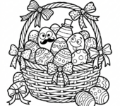 Koszyk przepełniony pięknie ozdobionymi jajkami wielkanocnymi, z wstążkami i kokardami, kolorowanka dla dzieci, czarne...