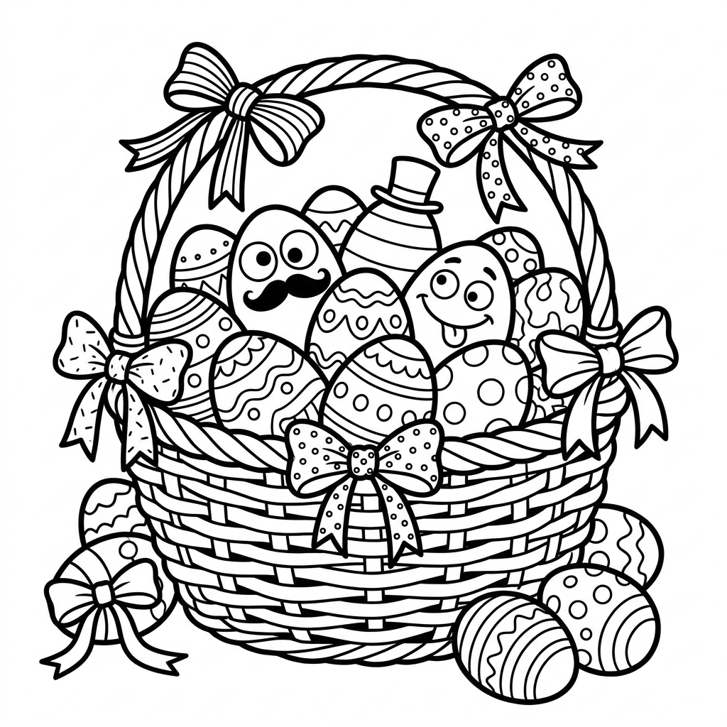 Koszyk przepełniony pięknie ozdobionymi jajkami wielkanocnymi, z wstążkami i kokardami, kolorowanka dla dzieci, czarne...