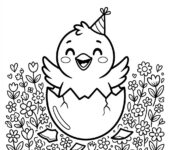 Szczęśliwy kurczaczek wykluwający się z jajka, otoczony malutkimi kwiatkami, kolorowanka dla dzieci, czarne kontury, b...