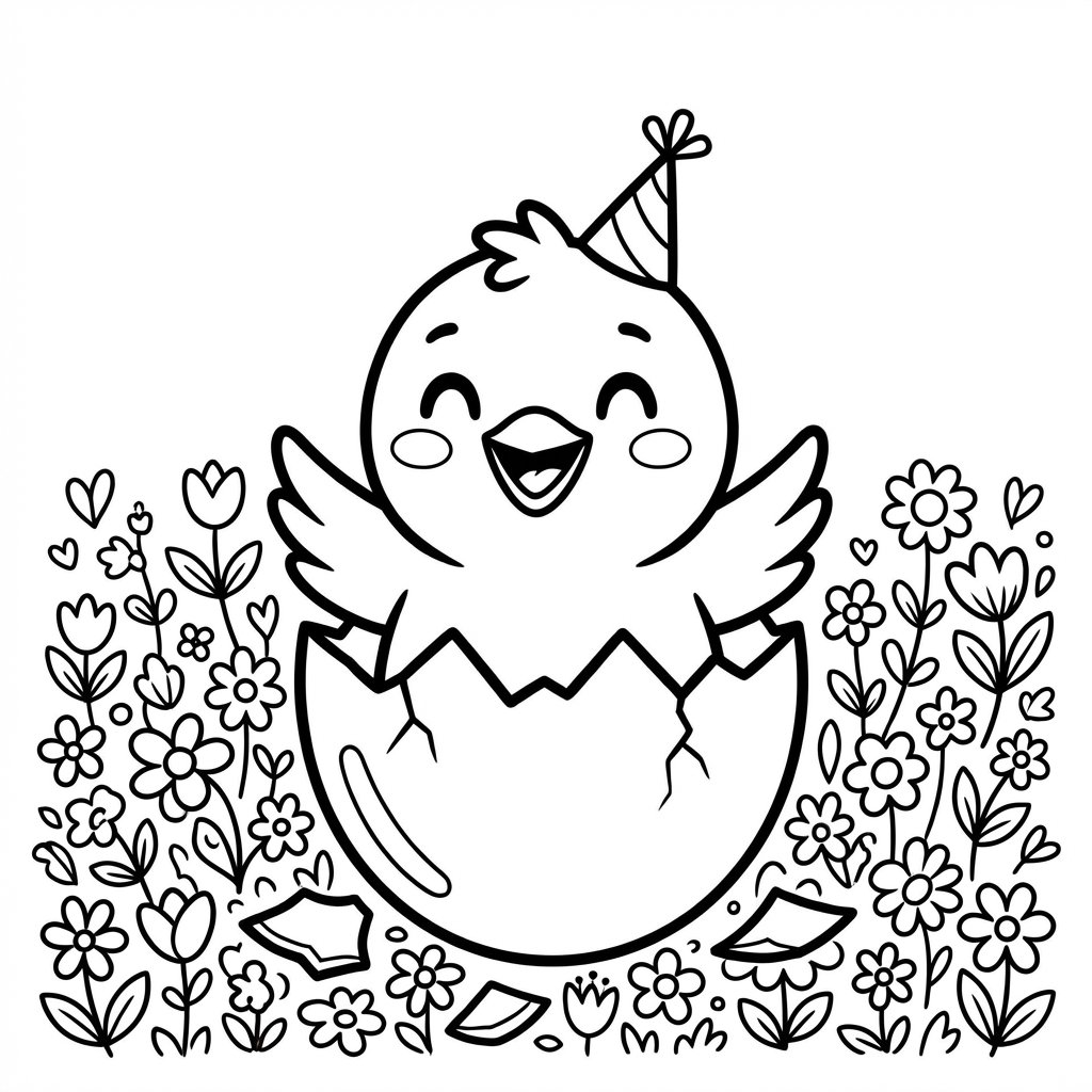 Szczęśliwy kurczaczek wykluwający się z jajka, otoczony malutkimi kwiatkami, kolorowanka dla dzieci, czarne kontury, b...