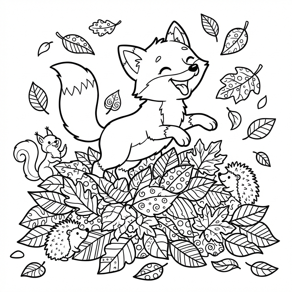 Szczęśliwy lisek bawiący się stertą kolorowych liści, kolorowanka dla dzieci, czarne kontury, białe tło.