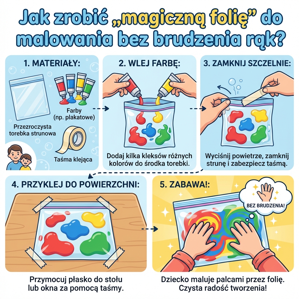Infografika dla rodziców przedstawiająca instrukcję krok po kroku, jak przygotować magiczną folię do malowania bez b...