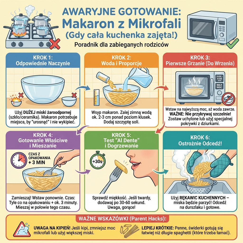 Infografika dla rodziców: jak ugotować makaron w kuchence mikrofalowej krok po kroku, gdy brakuje wolnych palników na k...