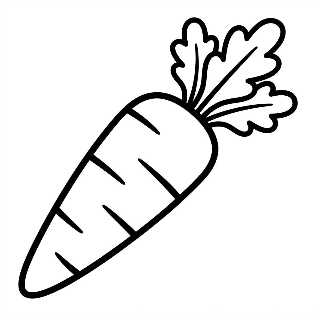 Czarno-biała kolorowanka do druku: marchewka, rysunek, kontury.
