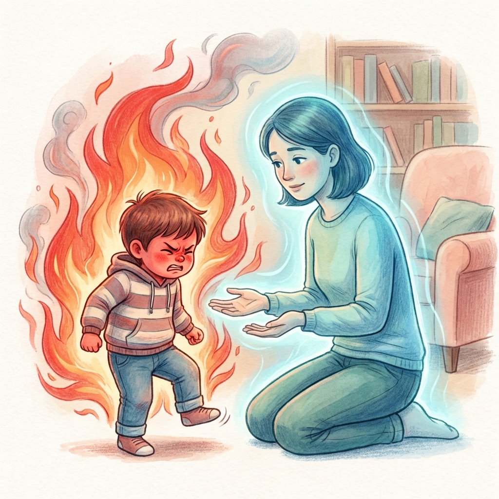 Emocjonalne dziecko przeżywające napad złości w obecności spokojnego rodzica, który kuca obok, próbując nawiązać...