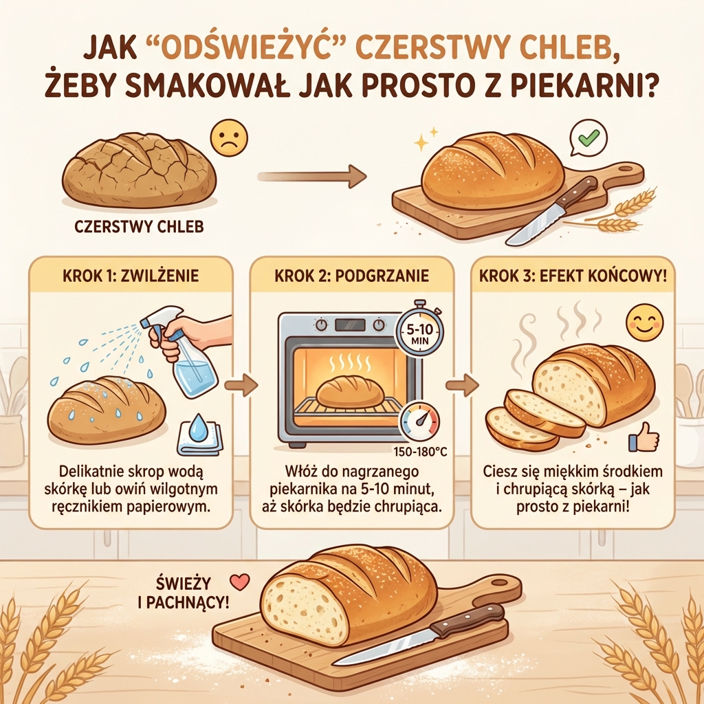 Infografika dla rodziców: jak odświeżyć czerstwy chleb, by smakował jak z piekarni. Domowe sposoby na drugie życie p...