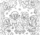 Przytulne ognisko z dziećmi opowiadającymi historie, otoczone jesiennymi drzewami, kolorowanka dla dzieci, czarne kontur...