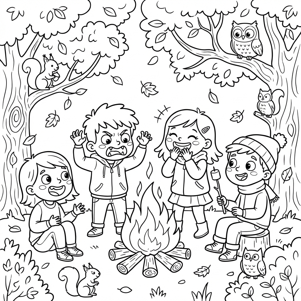 Przytulne ognisko z dziećmi opowiadającymi historie, otoczone jesiennymi drzewami, kolorowanka dla dzieci, czarne kontur...