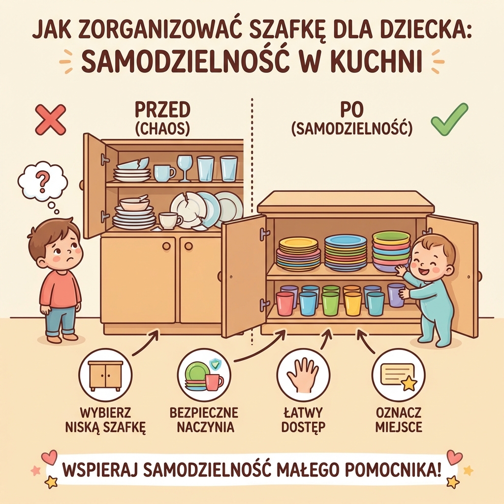 Infografika: Jak zorganizować niską szafkę kuchenną, by dziecko mogło samodzielnie i bezpiecznie sięgać po własne ...