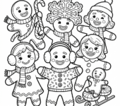 Wesoła grupa piernikowych ludzików, ozdobionych na zimę, kolorowanka dla dzieci, czarne kontury, białe tło.