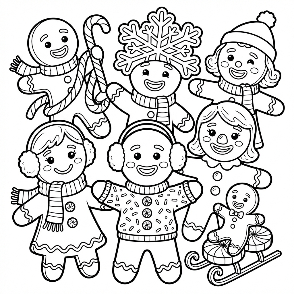 Wesoła grupa piernikowych ludzików, ozdobionych na zimę, kolorowanka dla dzieci, czarne kontury, białe tło.