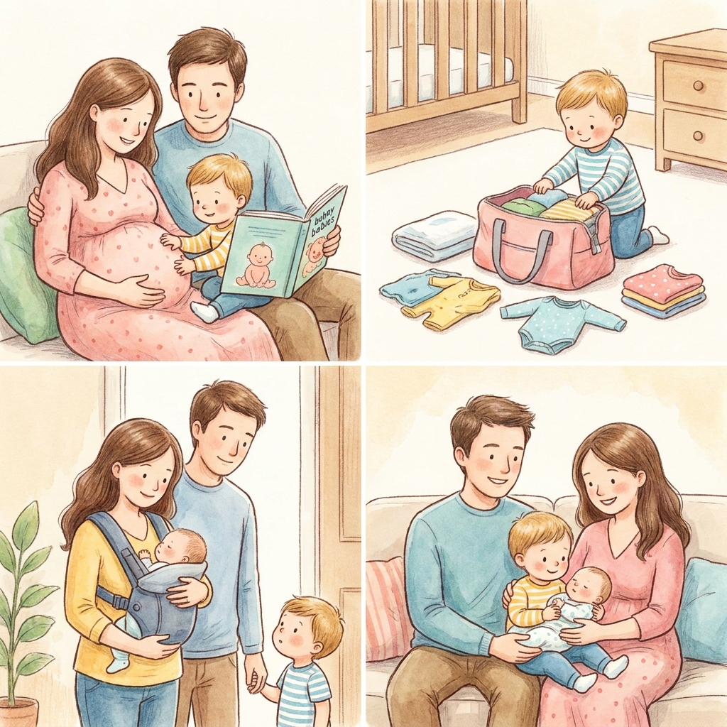 Uśmiechnięta mama i małe dziecko siedzą razem na dywanie, czytając kolorową książeczkę o noworodku, co symbolizuj...