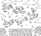 Grupa migrujących ptaków lecących w formacji "V" na tle jesiennego nieba, kolorowanka dla dzieci, czarne kontury, biał...