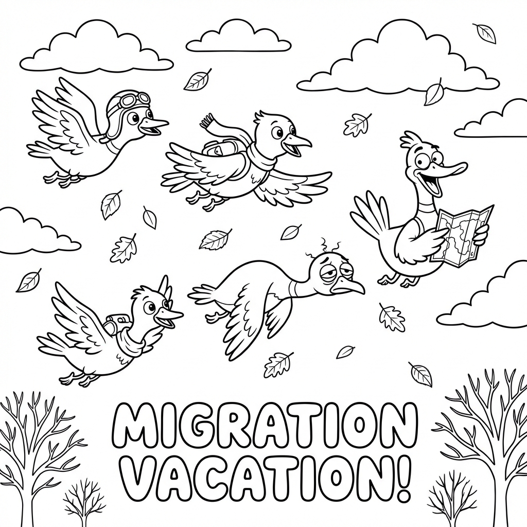 Grupa migrujących ptaków lecących w formacji "V" na tle jesiennego nieba, kolorowanka dla dzieci, czarne kontury, biał...