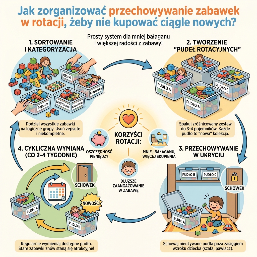 Infografika dla rodziców: jak zorganizować rotację zabawek w pokoju dziecka, aby ograniczyć zakupy i zadbać o porząd...