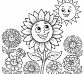 Przyjazny słonecznik patrzący w stronę słońca, otoczony innymi jesiennymi kwiatami, kolorowanka dla dzieci, czarne ko...