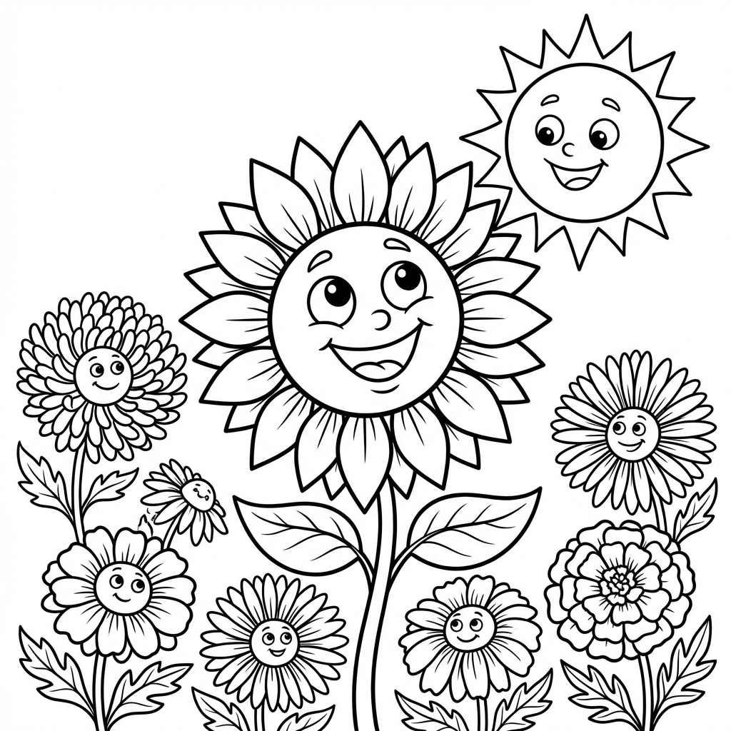 Przyjazny słonecznik patrzący w stronę słońca, otoczony innymi jesiennymi kwiatami, kolorowanka dla dzieci, czarne ko...