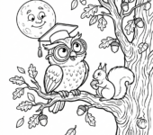 Mądra sowa siedząca na gałęzi jesiennego drzewa, patrząca na pełnię księżyca, kolorowanka dla dzieci, czarne kont...