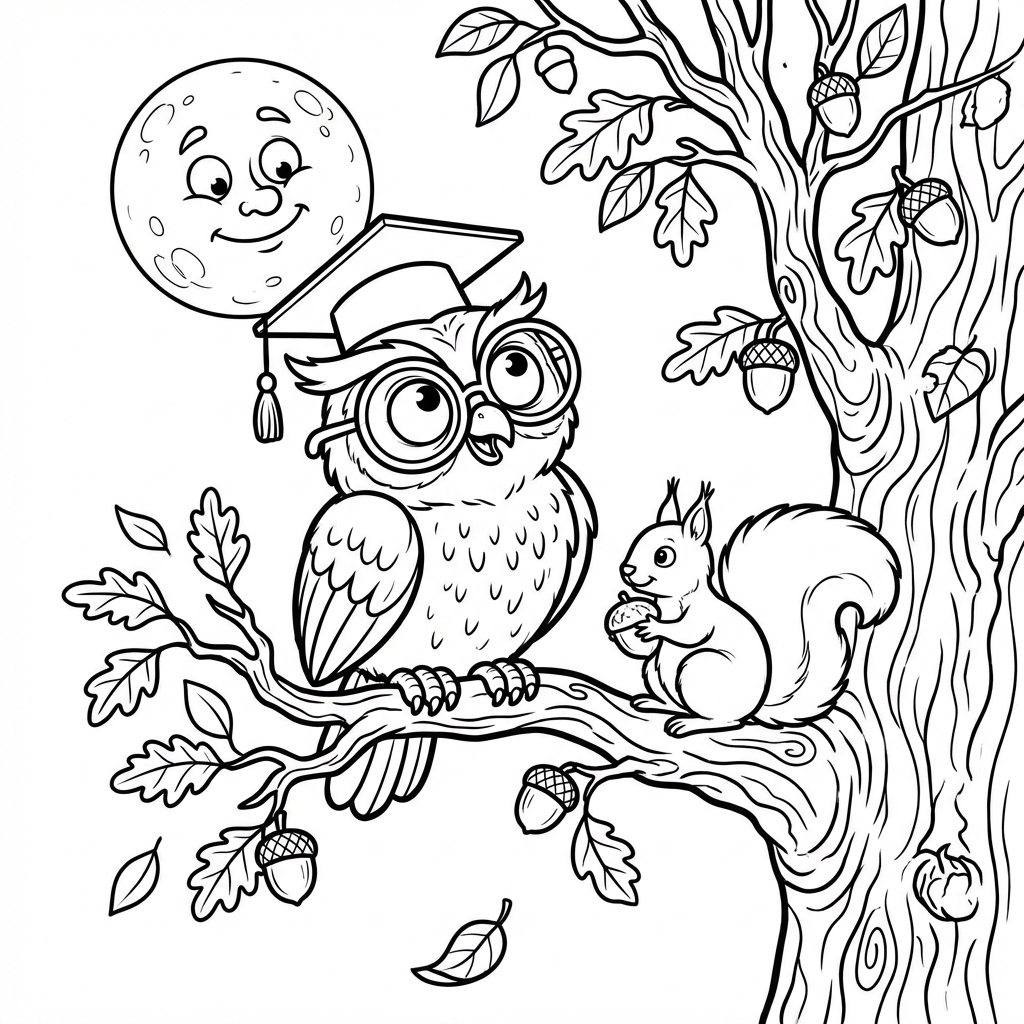 Mądra sowa siedząca na gałęzi jesiennego drzewa, patrząca na pełnię księżyca, kolorowanka dla dzieci, czarne kont...