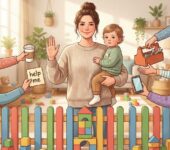 Kobieta gestem dłoni wyznacza granice w relacjach z grupą znajomych, ilustracja o asertywności i dbaniu o własny czas ...