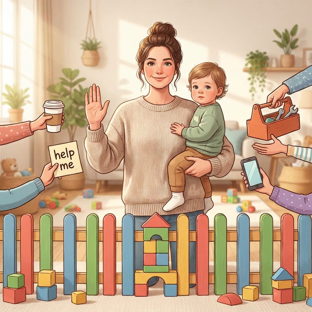 Kobieta gestem dłoni wyznacza granice w relacjach z grupą znajomych, ilustracja o asertywności i dbaniu o własny czas ...