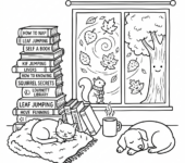 Przytulna scena ze stosem książek i kocem przy oknie, z jesiennymi liśćmi na zewnątrz, kolorowanka dla dzieci, czarne...