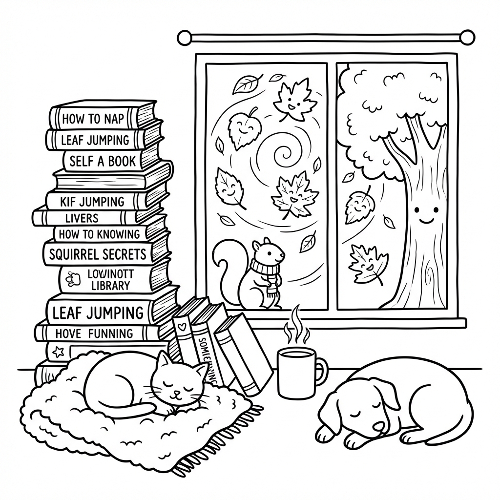 Przytulna scena ze stosem książek i kocem przy oknie, z jesiennymi liśćmi na zewnątrz, kolorowanka dla dzieci, czarne...