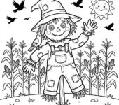 Przyjazny strach na wróble machający na polu złotej kukurydzy, kolorowanka dla dzieci, czarne kontury, białe tło.