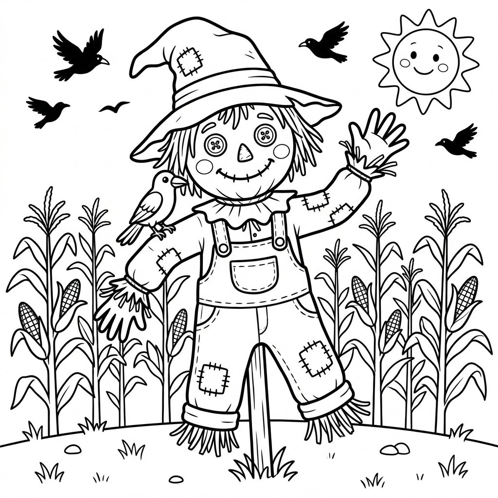 Przyjazny strach na wróble machający na polu złotej kukurydzy, kolorowanka dla dzieci, czarne kontury, białe tło.