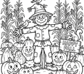 Strach na wróble stojący na polu dyni, otoczony różnymi dyniami i łodygami kukurydzy, kolorowanka dla dzieci, czarne ...