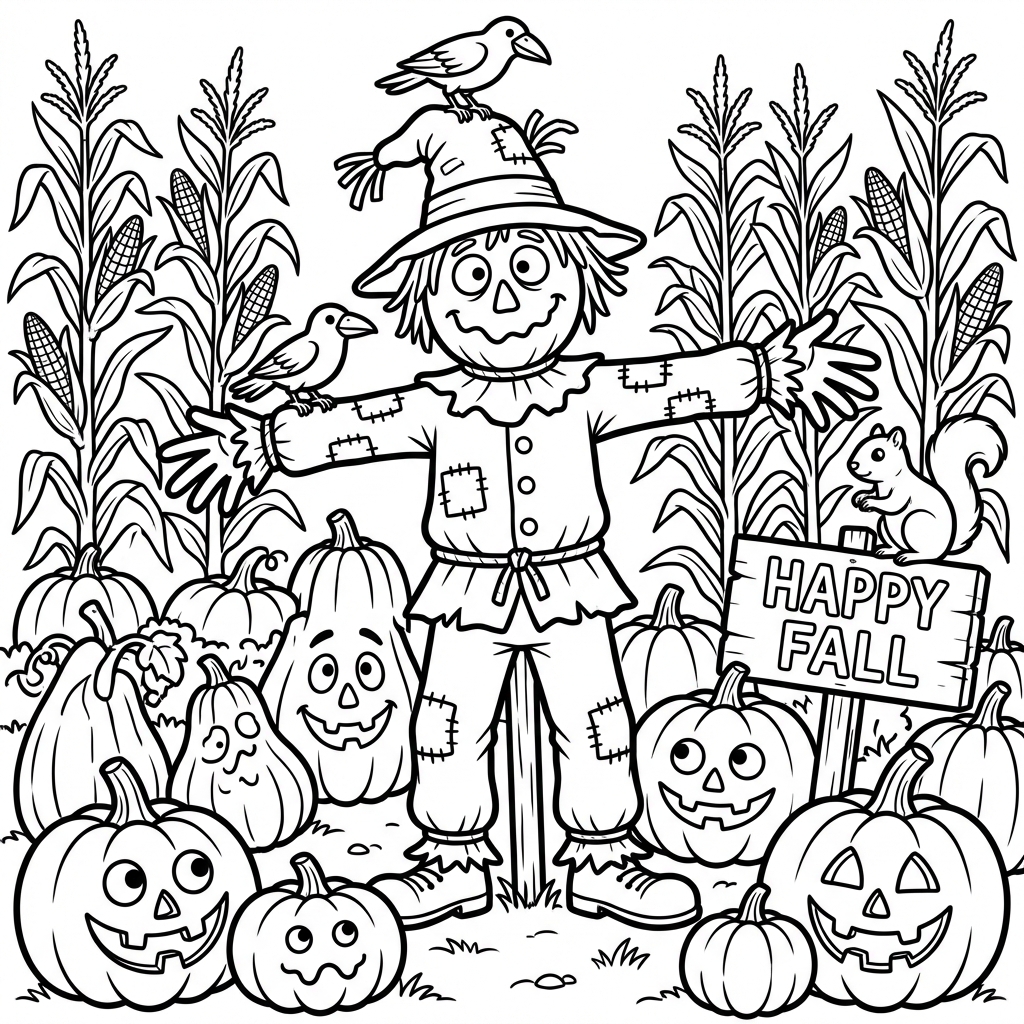 Strach na wróble stojący na polu dyni, otoczony różnymi dyniami i łodygami kukurydzy, kolorowanka dla dzieci, czarne ...