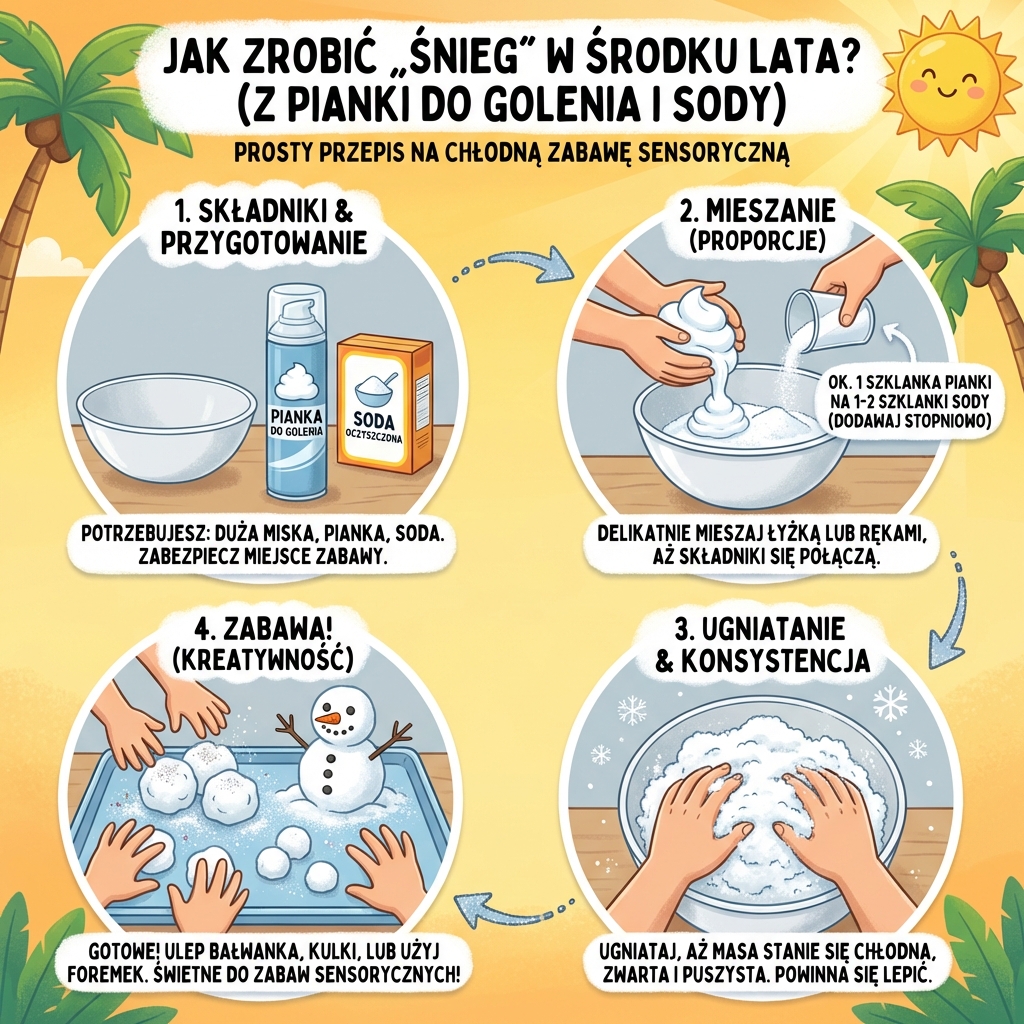 Infografika dla rodziców: jak zrobić sztuczny śnieg z pianki do golenia i sody oczyszczonej. Domowa zabawa sensoryczna ...