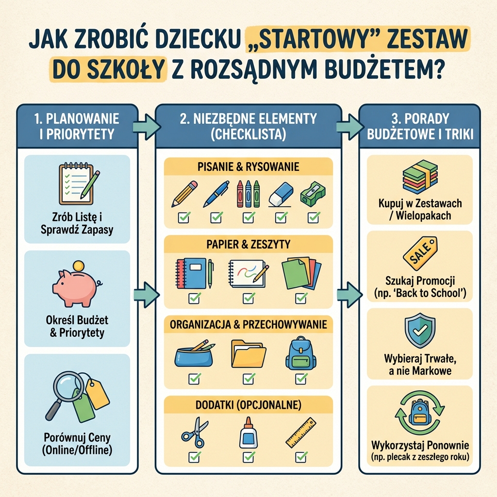 Infografika dla rodziców: Jak skompletować tanią wyprawkę szkolną dla dziecka. Poradnik oszczędnego kupowania przybo...