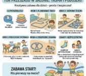 Infografika dla rodziców: jak przygotować domowy tor przeszkód dla dziecka w salonie, wykorzystując kolorową taśmę ...