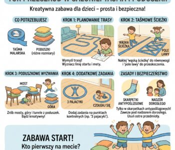 Jak zrobić tor przeszkód w salonie, używając tylko taśmy malarskiej i poduszek?