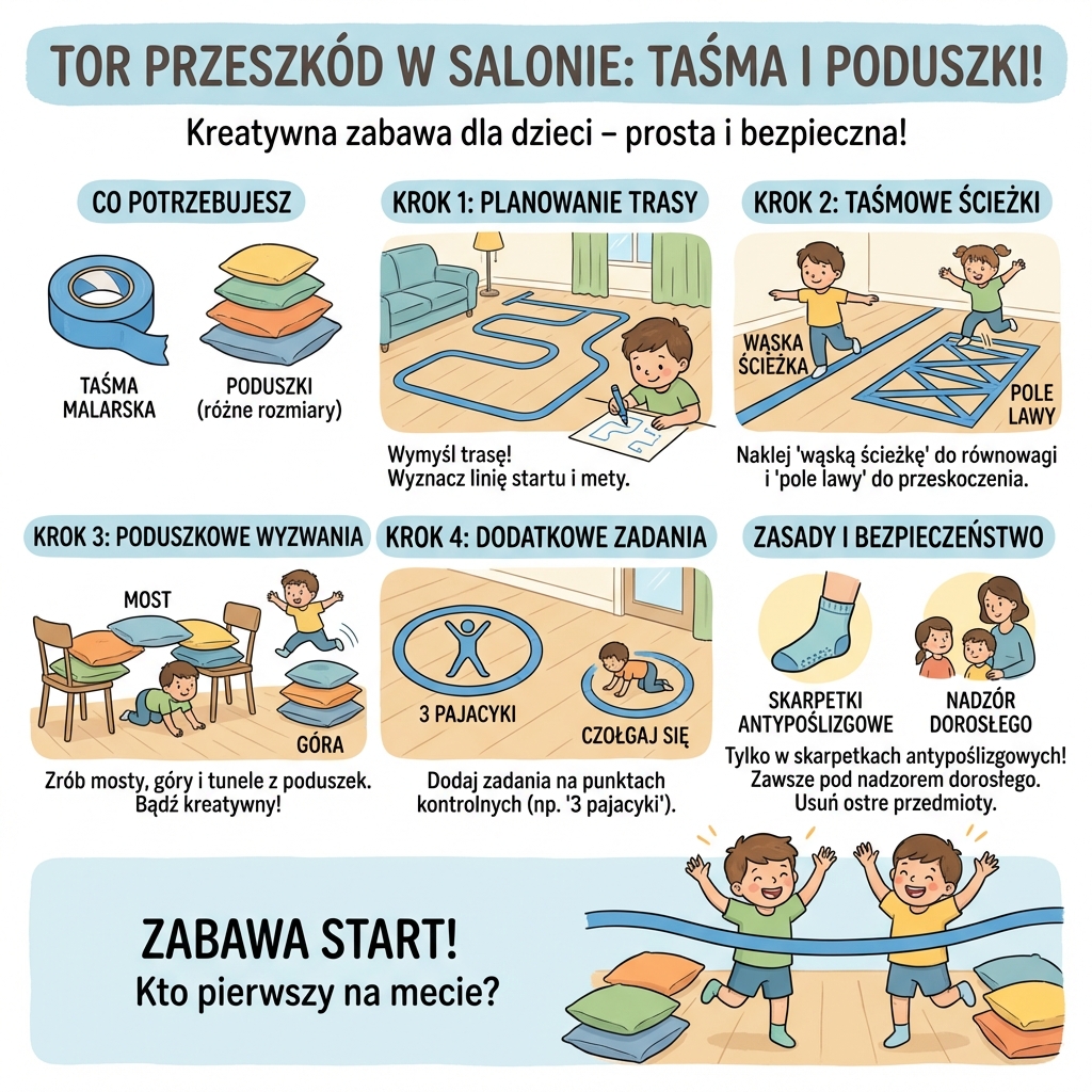 Infografika dla rodziców: jak przygotować domowy tor przeszkód dla dziecka w salonie, wykorzystując kolorową taśmę ...