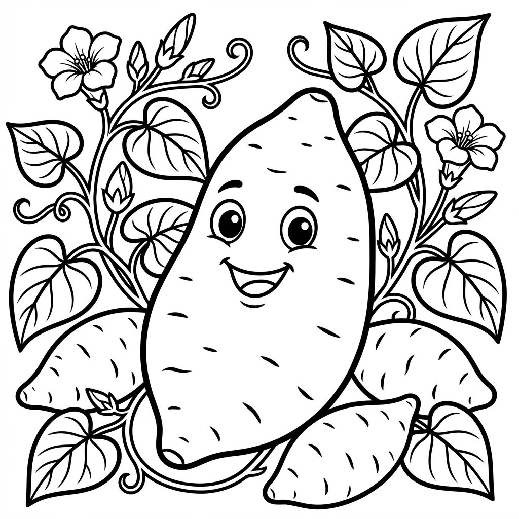 Czarno-biała kolorowanka z batatem do druku dla dzieci, prosty rysunek słodkiego ziemniaka bez tekstu.