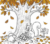 Szczęśliwa wiewiórka chowająca orzechy pod dębem ze złotymi liśćmi, kolorowanka dla dzieci, czarne kontury, białe...