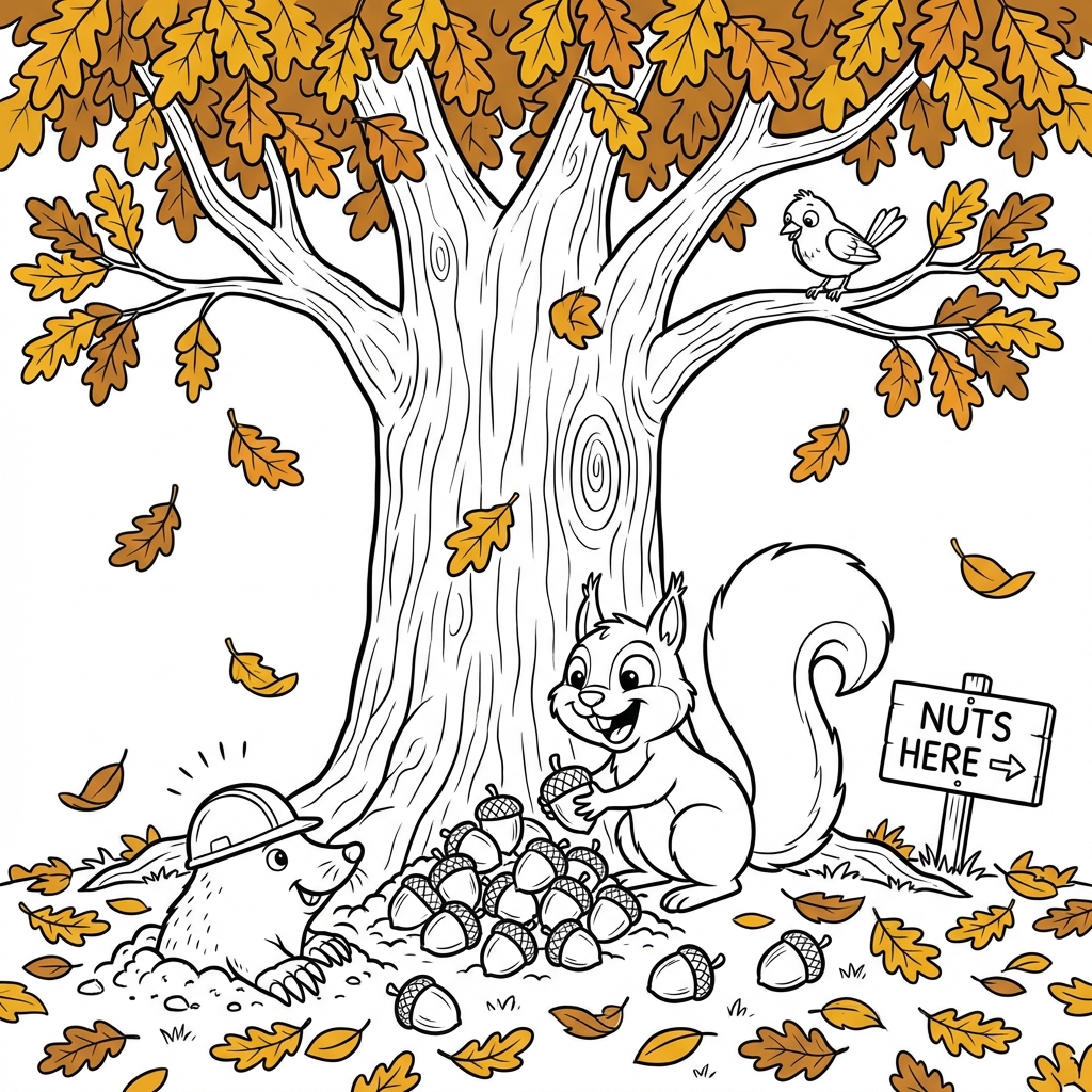 Szczęśliwa wiewiórka chowająca orzechy pod dębem ze złotymi liśćmi, kolorowanka dla dzieci, czarne kontury, białe...
