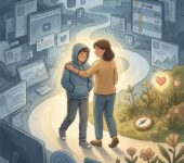 Uśmiechnięta nastolatka rozmawiająca z troskliwym rodzicem w przytulnym domu, symbolizująca wsparcie zdrowia psychiczn...