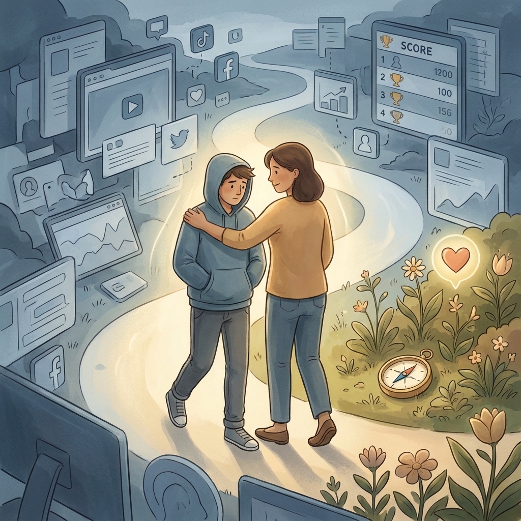 Uśmiechnięta nastolatka rozmawiająca z troskliwym rodzicem w przytulnym domu, symbolizująca wsparcie zdrowia psychiczn...