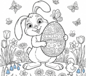 Uroczy zajączek wielkanocny trzymający ozdobione jajko, otoczony wiosennymi kwiatami, kolorowanka dla dzieci, czarne kon...