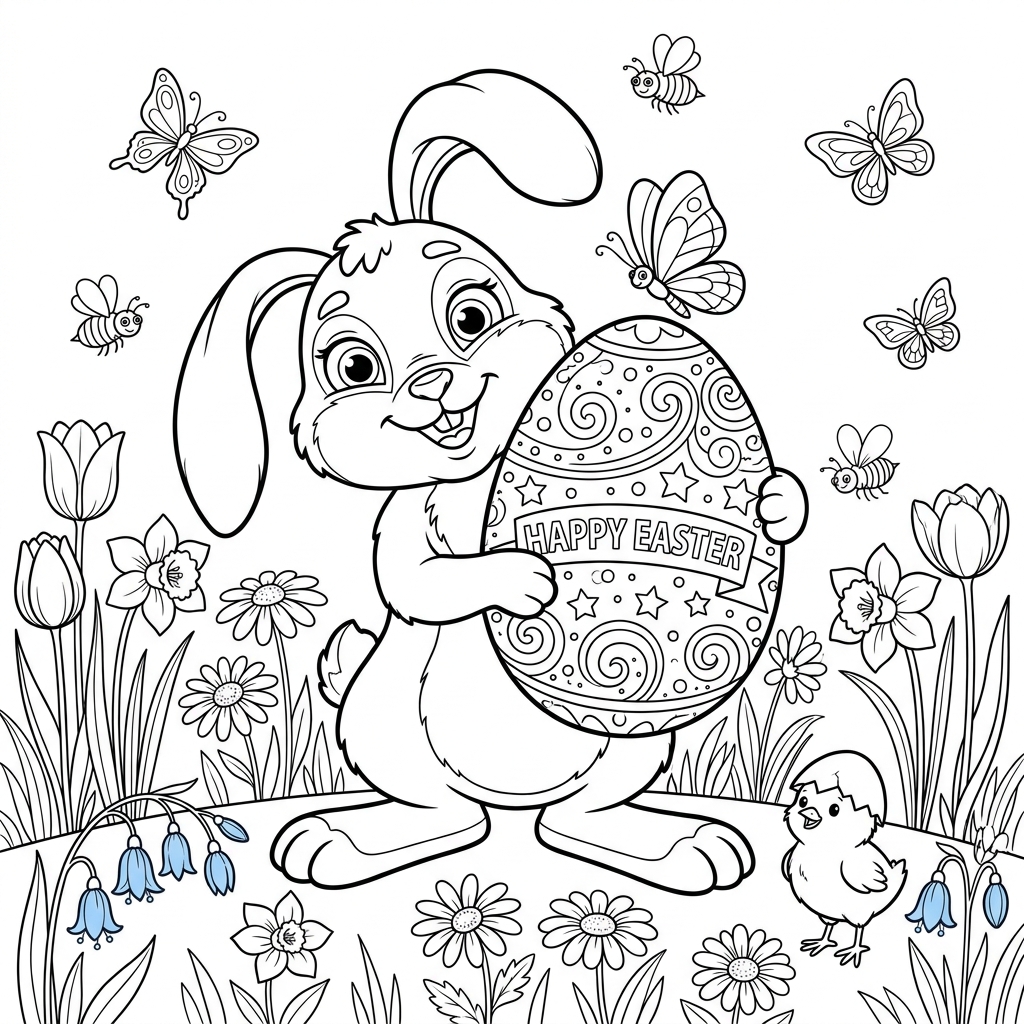 Uroczy zajączek wielkanocny trzymający ozdobione jajko, otoczony wiosennymi kwiatami, kolorowanka dla dzieci, czarne kon...