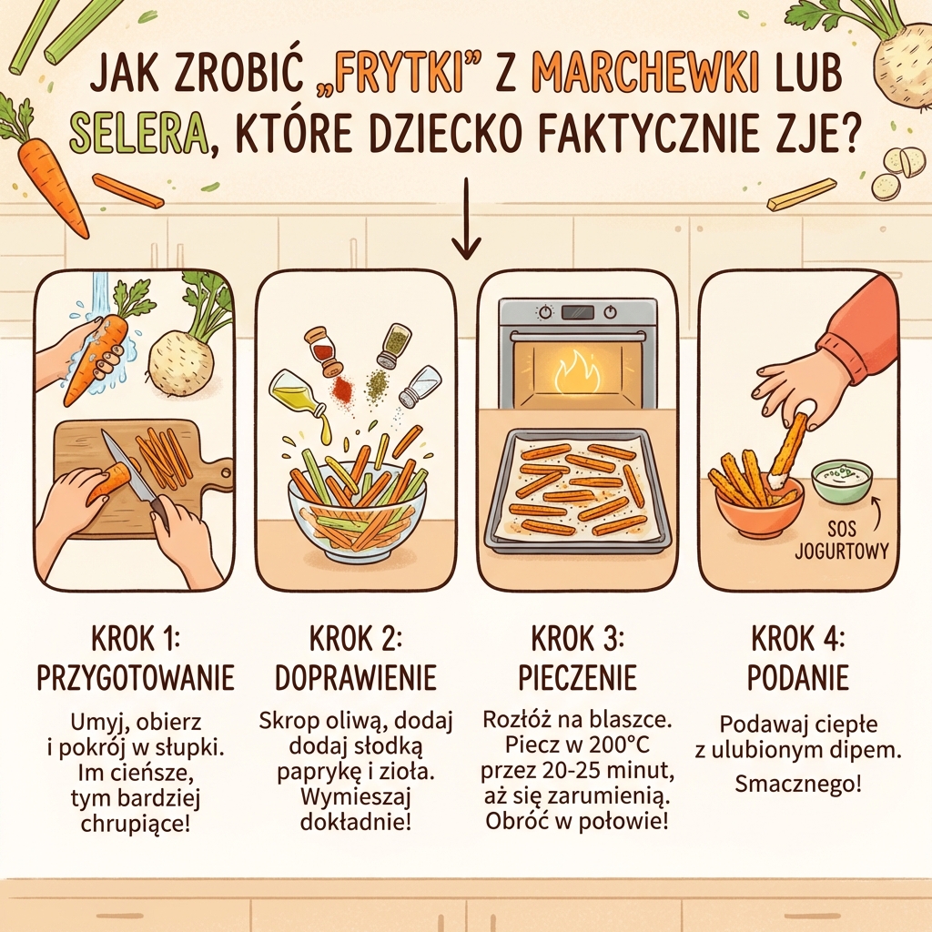 Infografika dla rodziców: jak przygotować zdrowe frytki z marchewki i selera dla dziecka – prosty przepis krok po kroku.