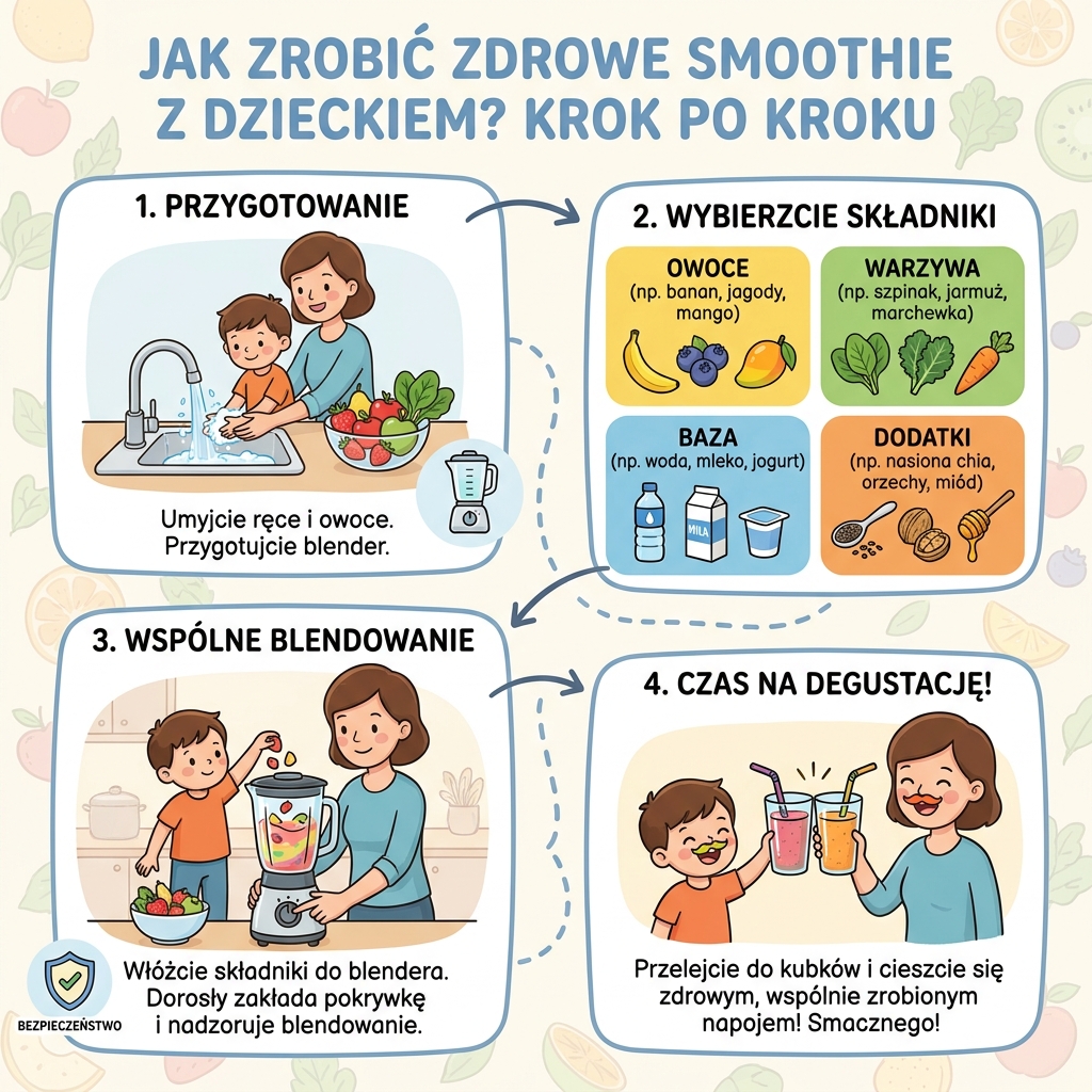 Infografika przedstawiająca kroki przygotowania zdrowego smoothie z dzieckiem to idealny element edukacyjny dla każdego ...