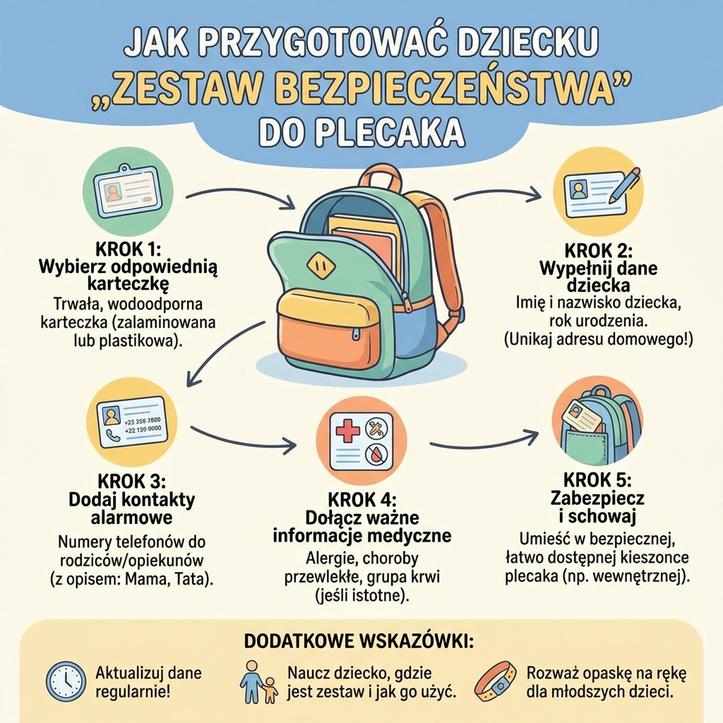 Infografika dla rodziców: jak przygotować zestaw bezpieczeństwa do plecaka dziecka – instrukcja z danymi kontaktowymi...