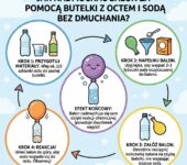 Infografika dla dzieci i rodziców przedstawiająca eksperyment chemiczny: jak nadmuchać balon za pomocą butelki, octu o...