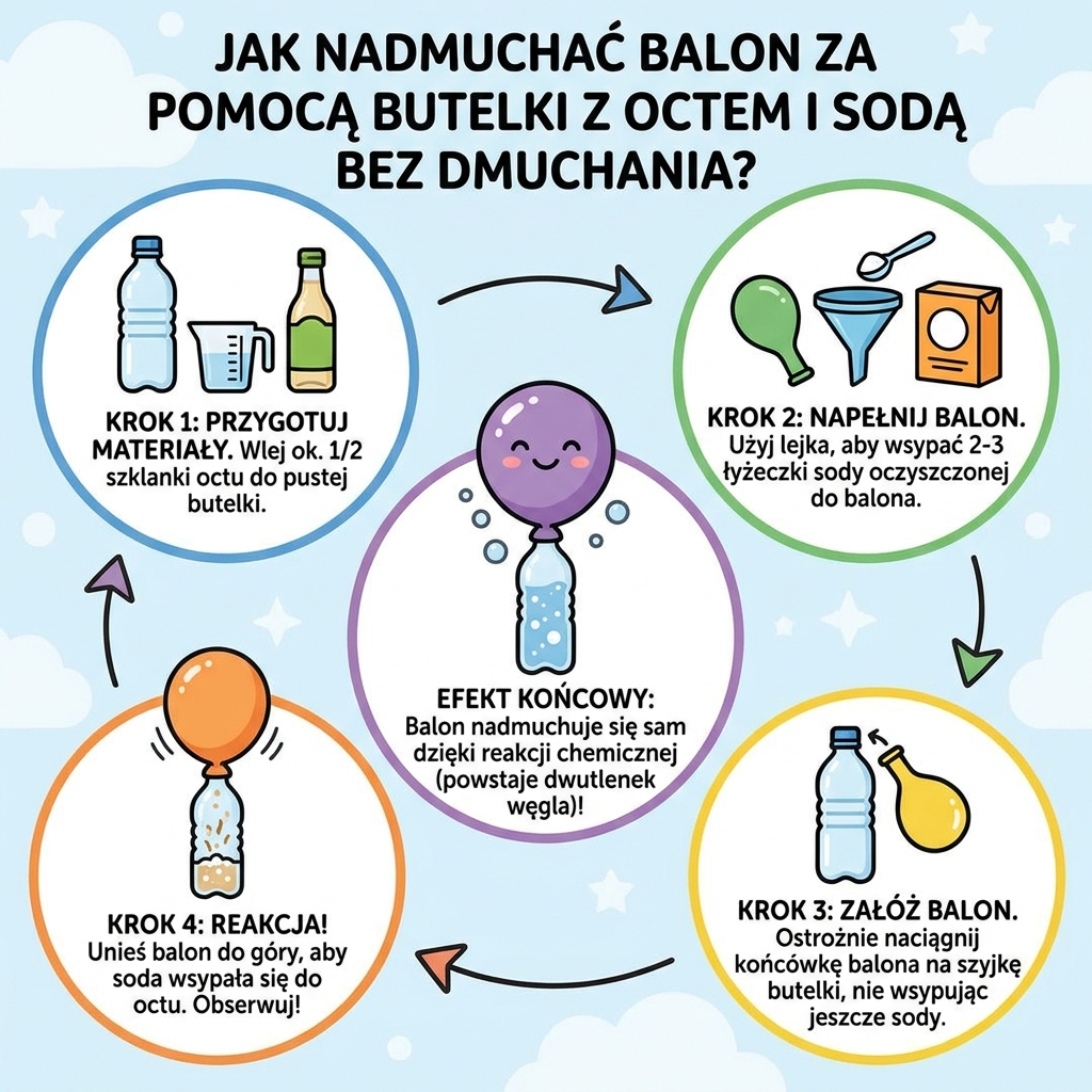 Infografika dla dzieci i rodziców przedstawiająca eksperyment chemiczny: jak nadmuchać balon za pomocą butelki, octu o...